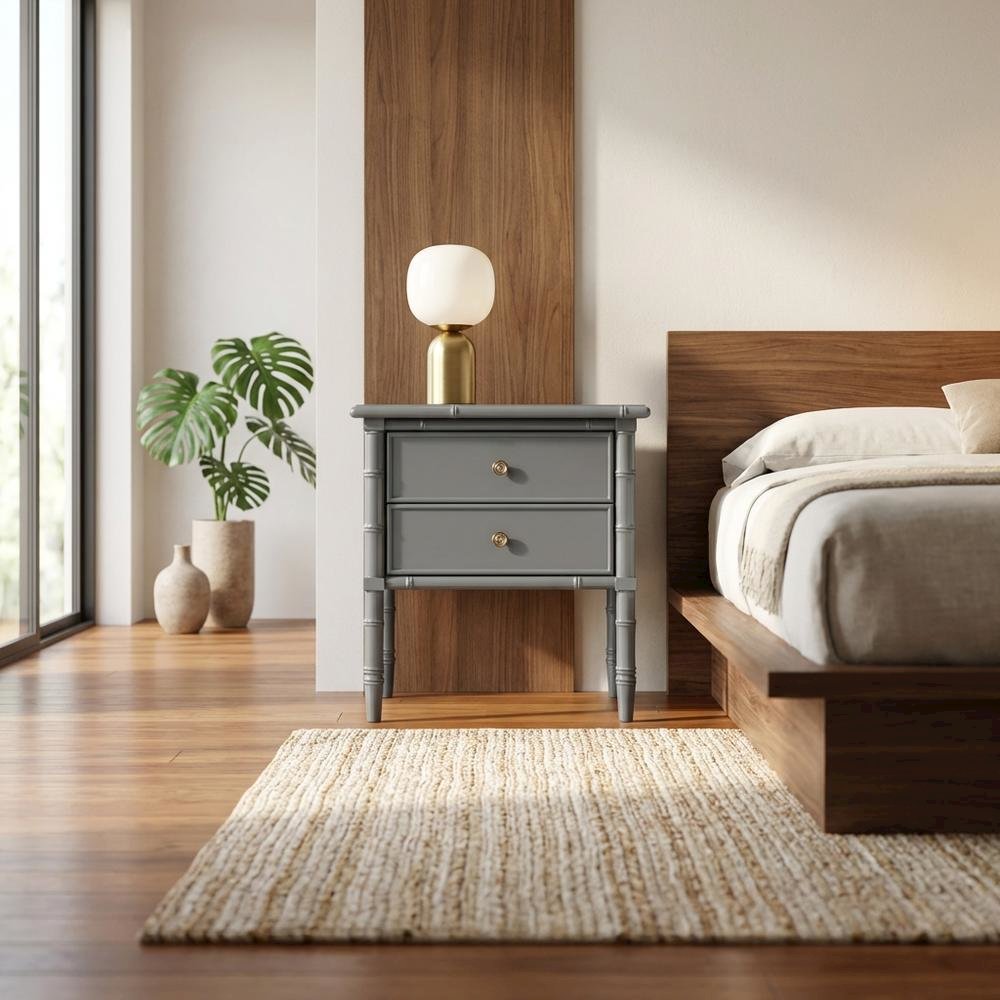 Wood Nightstand with 2 Drawers and Cast Iron Hardware for Bedroom Storage
