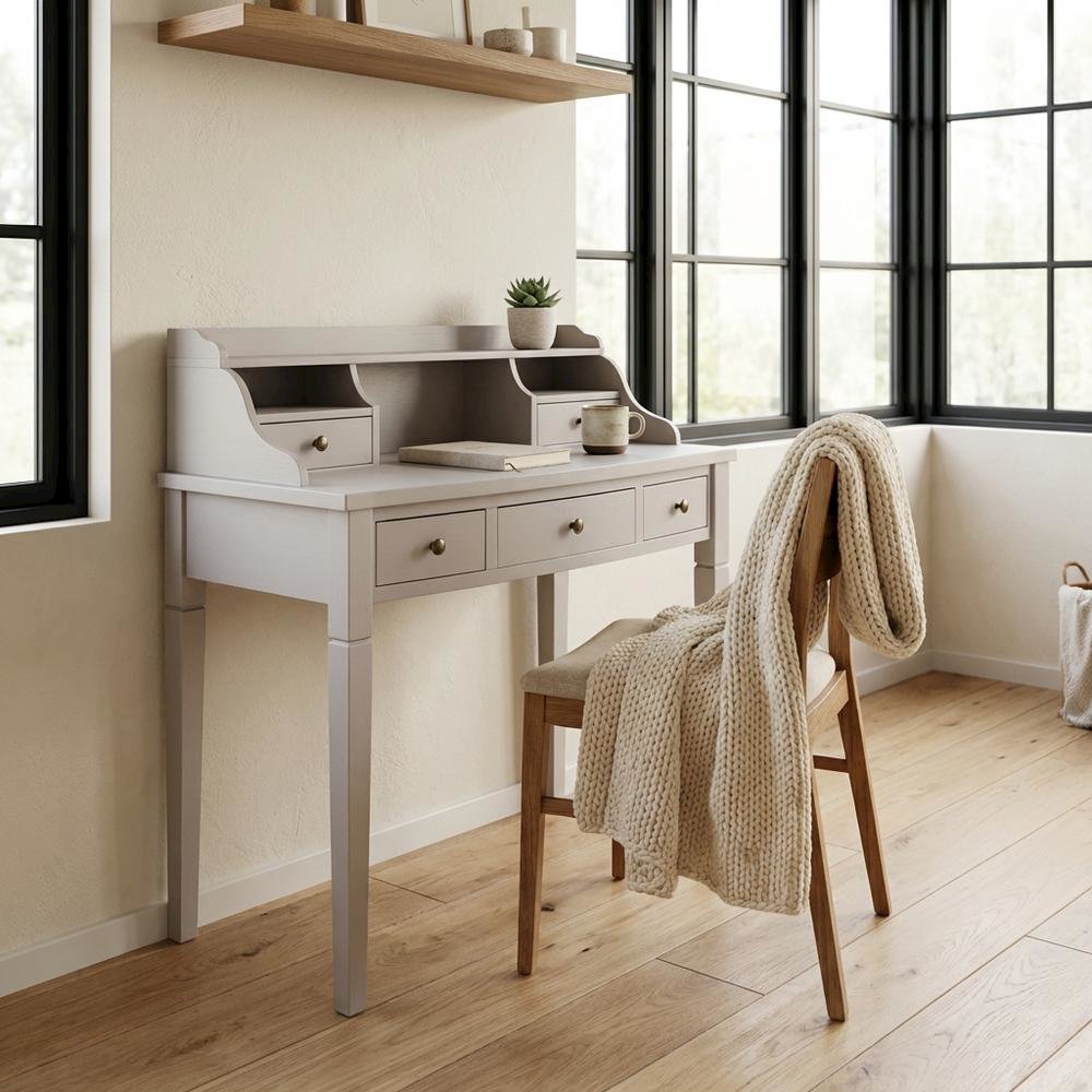 Quartz Grey Wood 5-Drawer Writing Desk With Storage Shelves And Brass Accents
