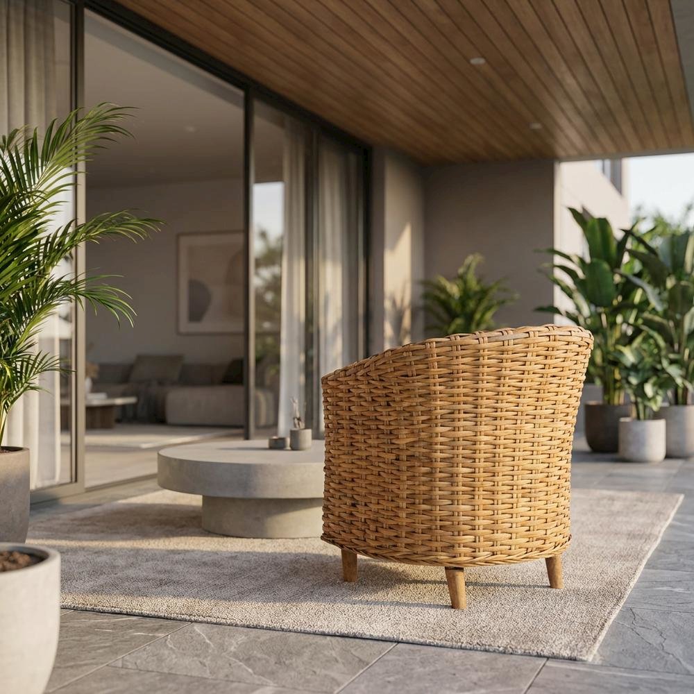 Outdoor Rattan Barrel Chair With White Cotton Fabric And Honey Oak Finish