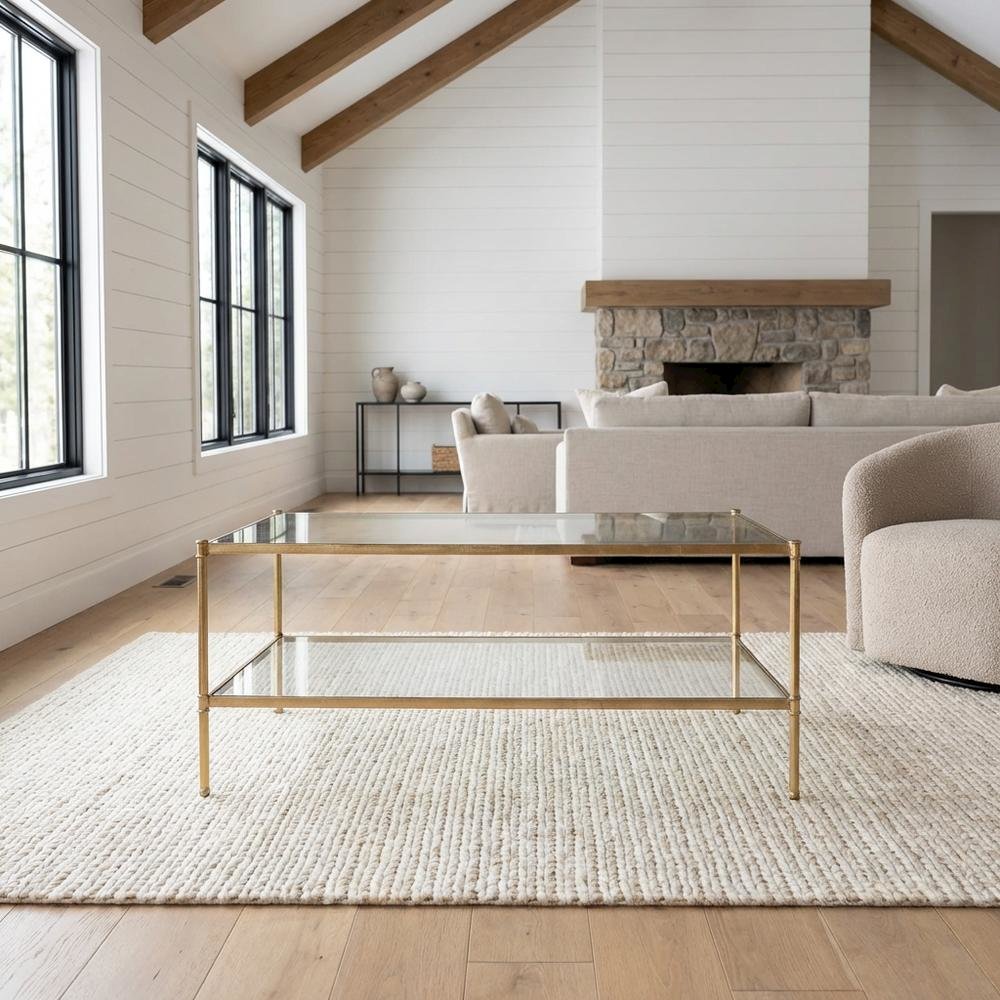 Antique Gold Metal Coffee Table with Shelf and Iron Frame