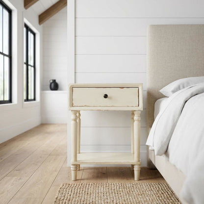 Wood nightstand with storage drawer and open shelf for bedroom decor