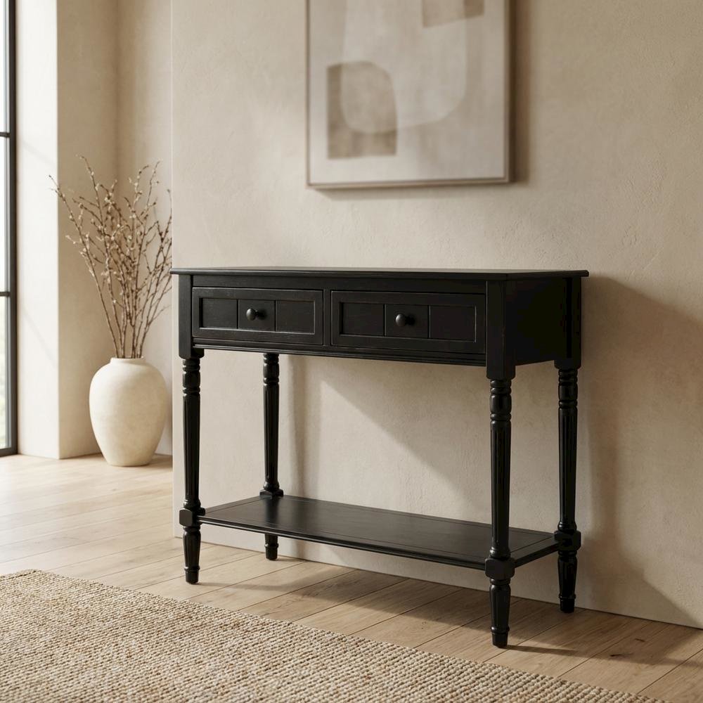 Black wooden console table with two drawers and sleek design