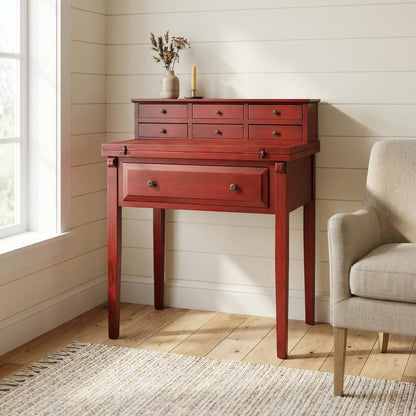 Red Pine Office Desk With 7 Drawers And Pull Shelf