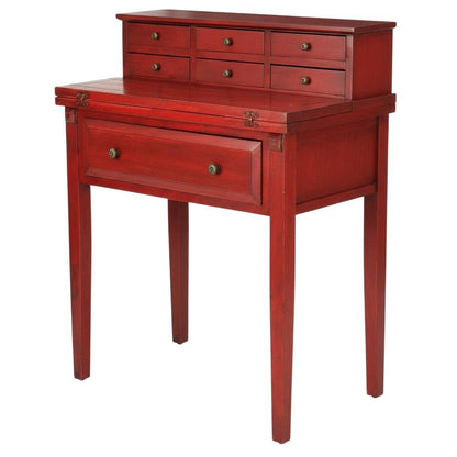 Red Pine Office Desk With 7 Drawers And Pull Shelf