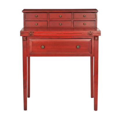 Red Pine Office Desk With 7 Drawers And Pull Shelf