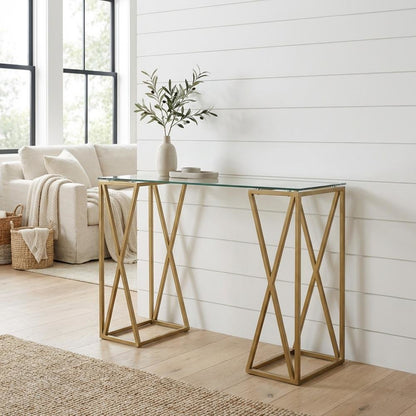 Glass Top Office Desk With Gold Metal Frame And 29.53-Inch Leg Height