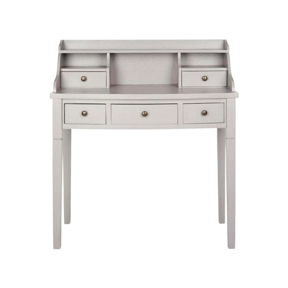 Quartz Grey Wood 5-Drawer Writing Desk With Storage Shelves And Brass Accents