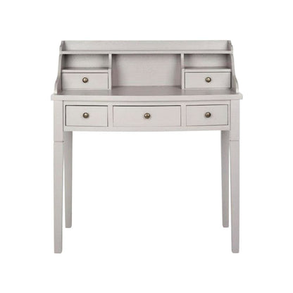 Quartz Grey Wood 5-Drawer Writing Desk With Storage Shelves And Brass Accents