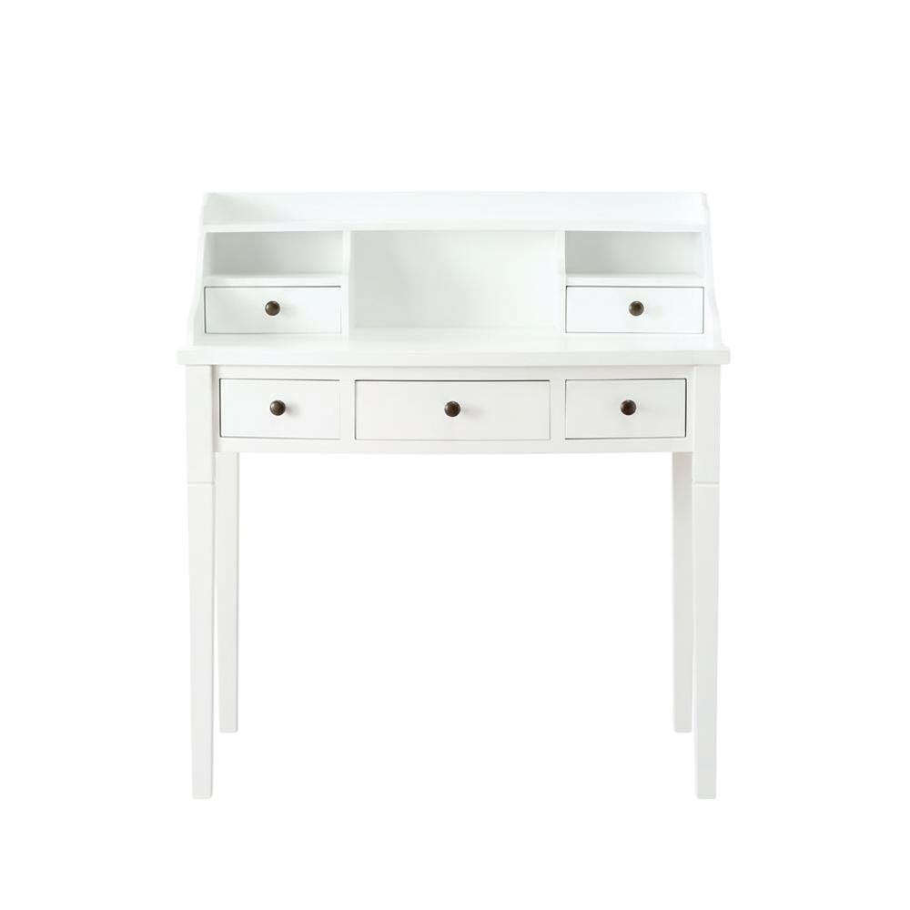 White Wooden 5-Drawer Office Desk With Shelves And Ample Storage