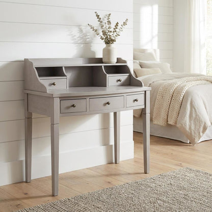 Quartz Grey Wood 5-Drawer Writing Desk With Storage Shelves And Brass Accents