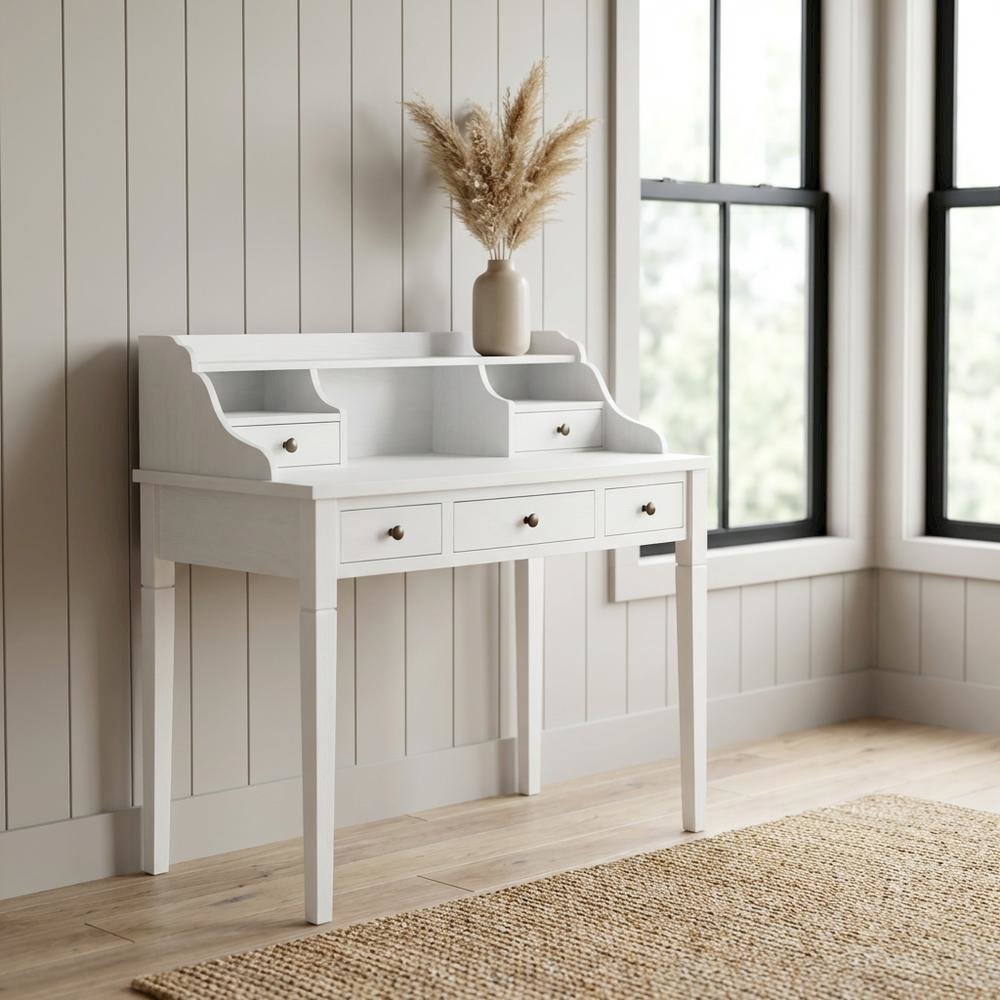 White Wooden 5-Drawer Office Desk With Shelves And Ample Storage
