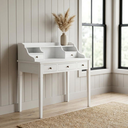White Wooden 5-Drawer Office Desk With Shelves And Ample Storage