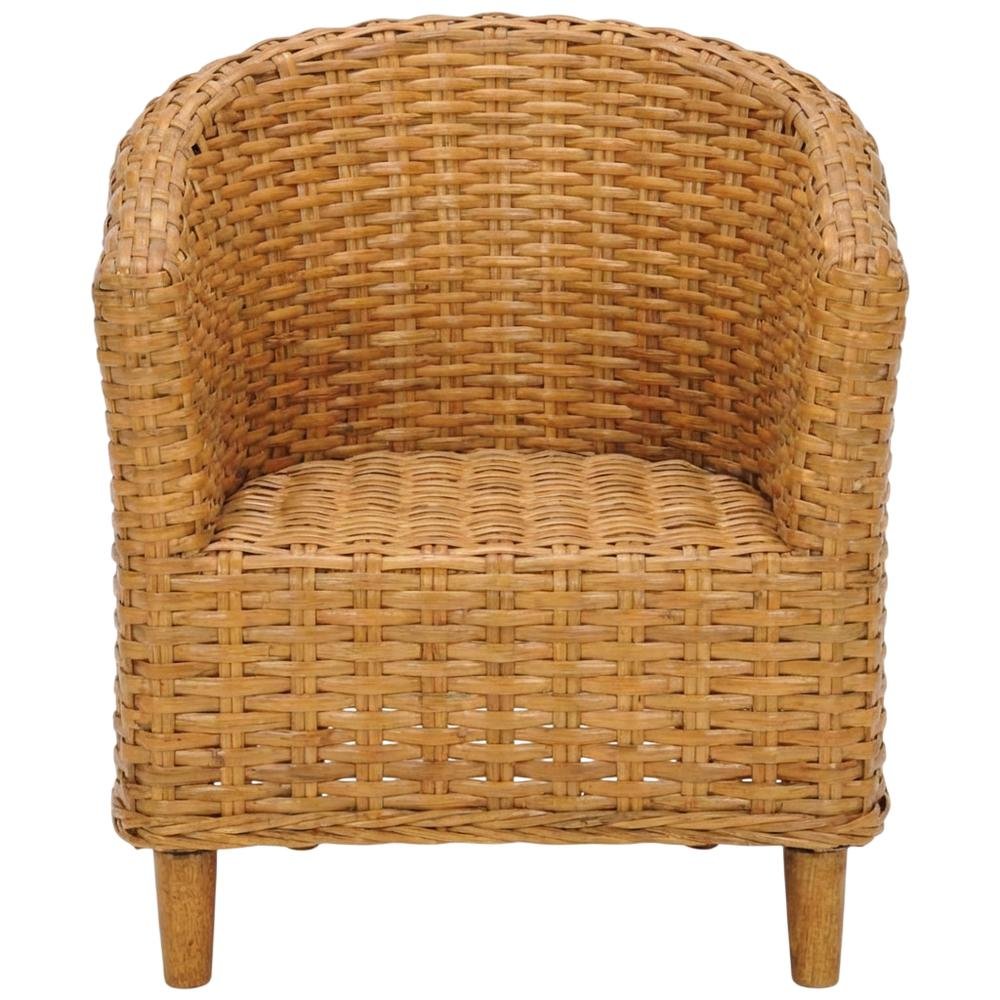 Outdoor Rattan Barrel Chair With White Cotton Fabric And Honey Oak Finish