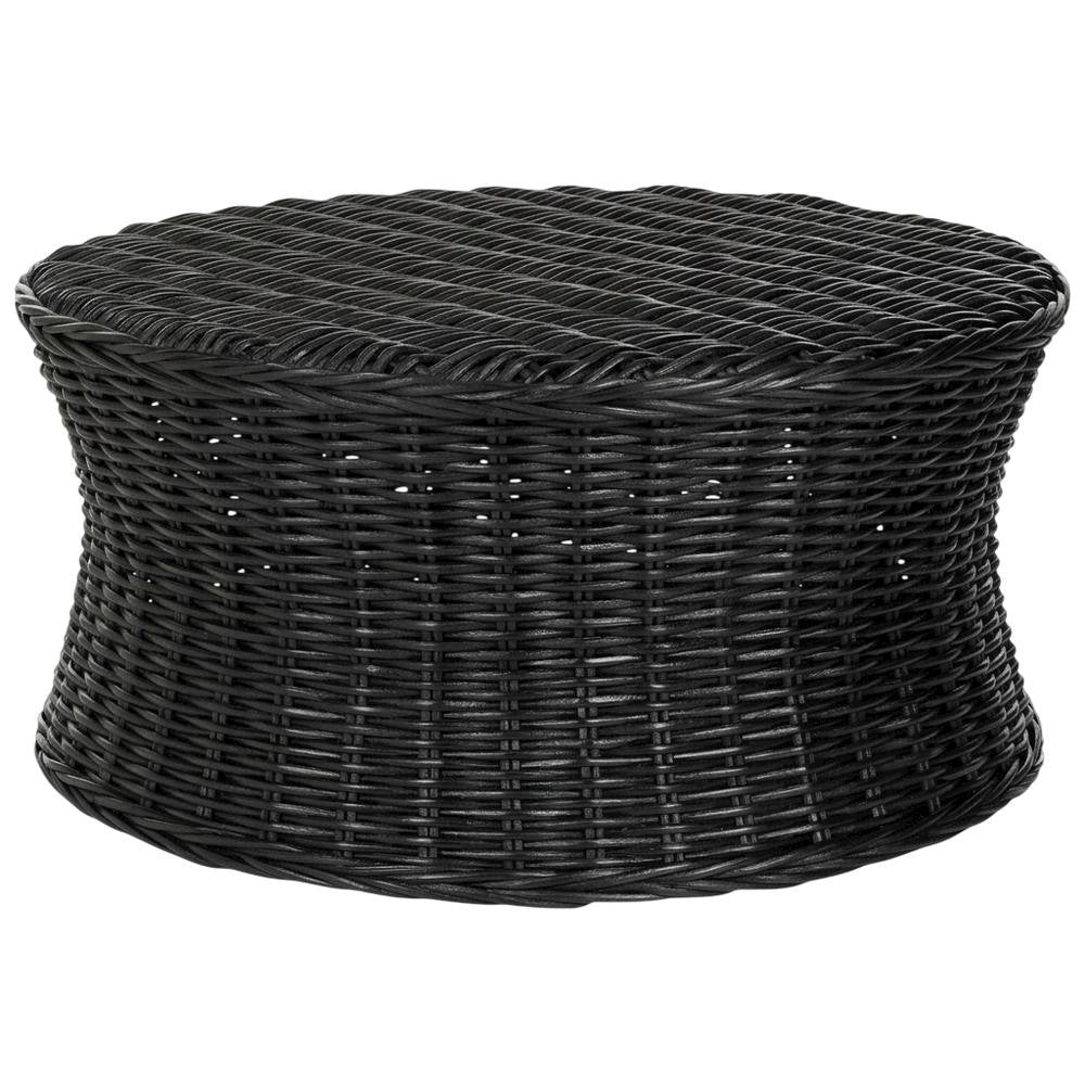 Black Rattan Round Coffee Table Ottoman with Mango Wood Top