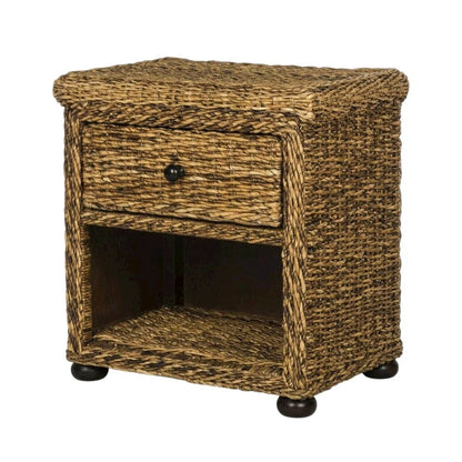 Natural Brown Rattan Nightstand with Drawer and 8-Inch Storage Shelf