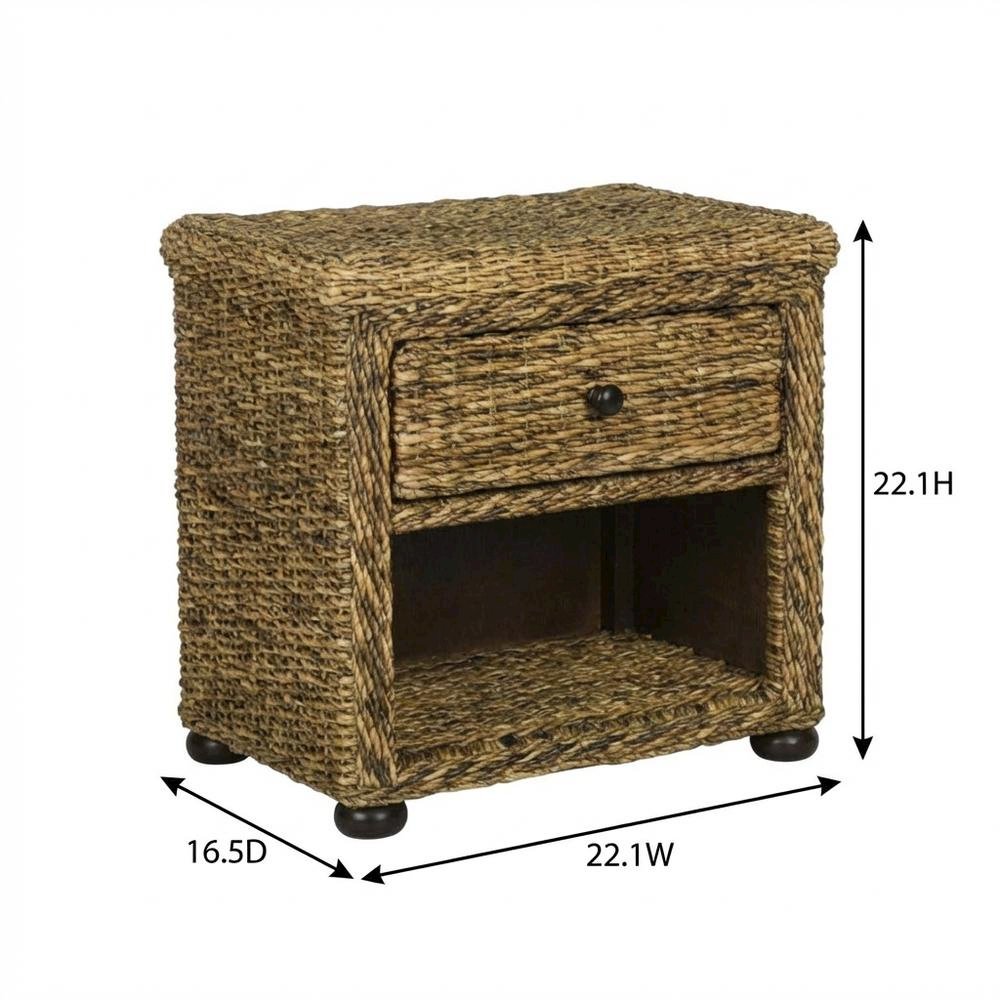 Natural Brown Rattan Nightstand with Drawer and 8-Inch Storage Shelf
