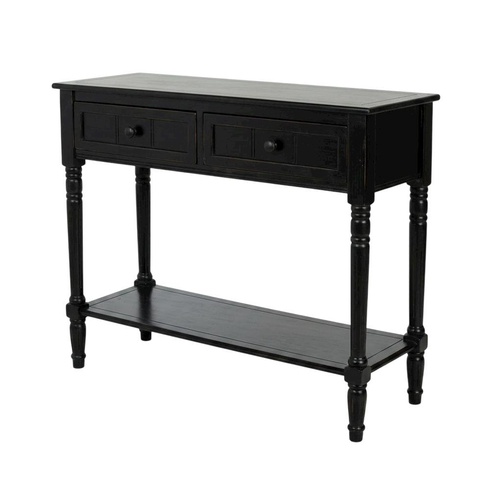 Black wooden console table with two drawers and sleek design