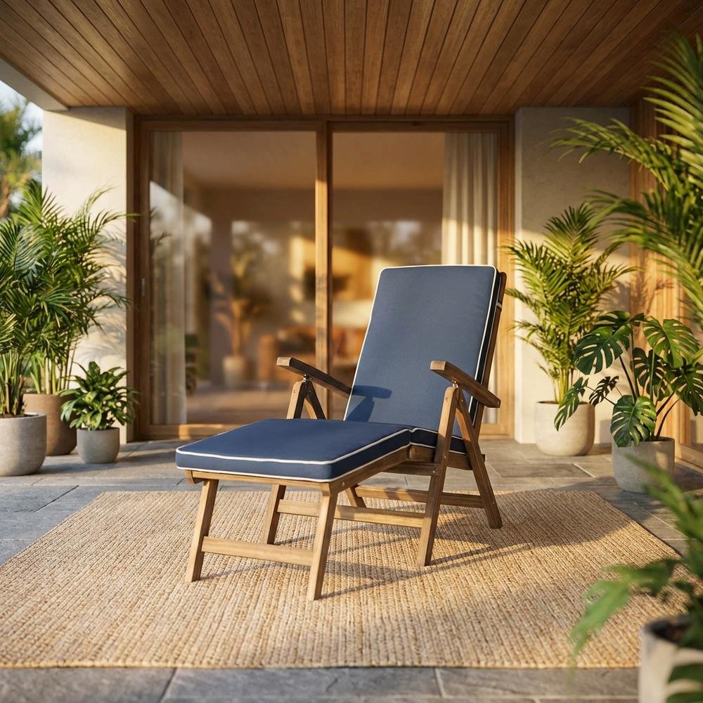 Outdoor Lounge Chair In Finished Acacia, Foam-Filled Seat, Galvanized Steel