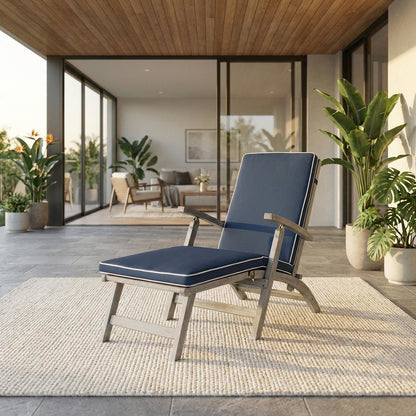 Outdoor Lounge Chair In Grey Acacia, Foam Cushion, Silver Galvanized Steel