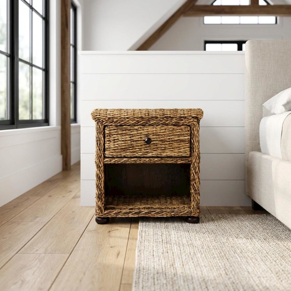 Natural Brown Rattan Nightstand with Drawer and 8-Inch Storage Shelf