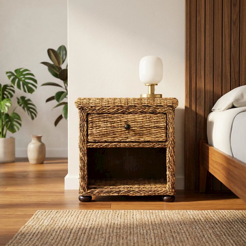 Natural Brown Rattan Nightstand with Drawer and 8-Inch Storage Shelf