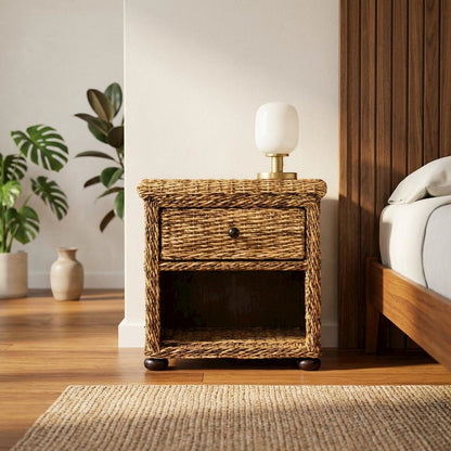 Natural Brown Rattan Nightstand with Drawer and 8-Inch Storage Shelf