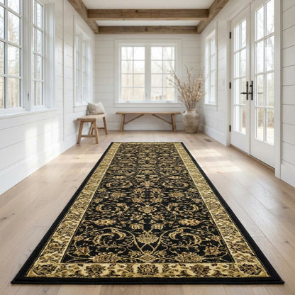 Black and Ivory Area Rug, Power-Loomed Polypropylene, Jute Backing, Runner Shape