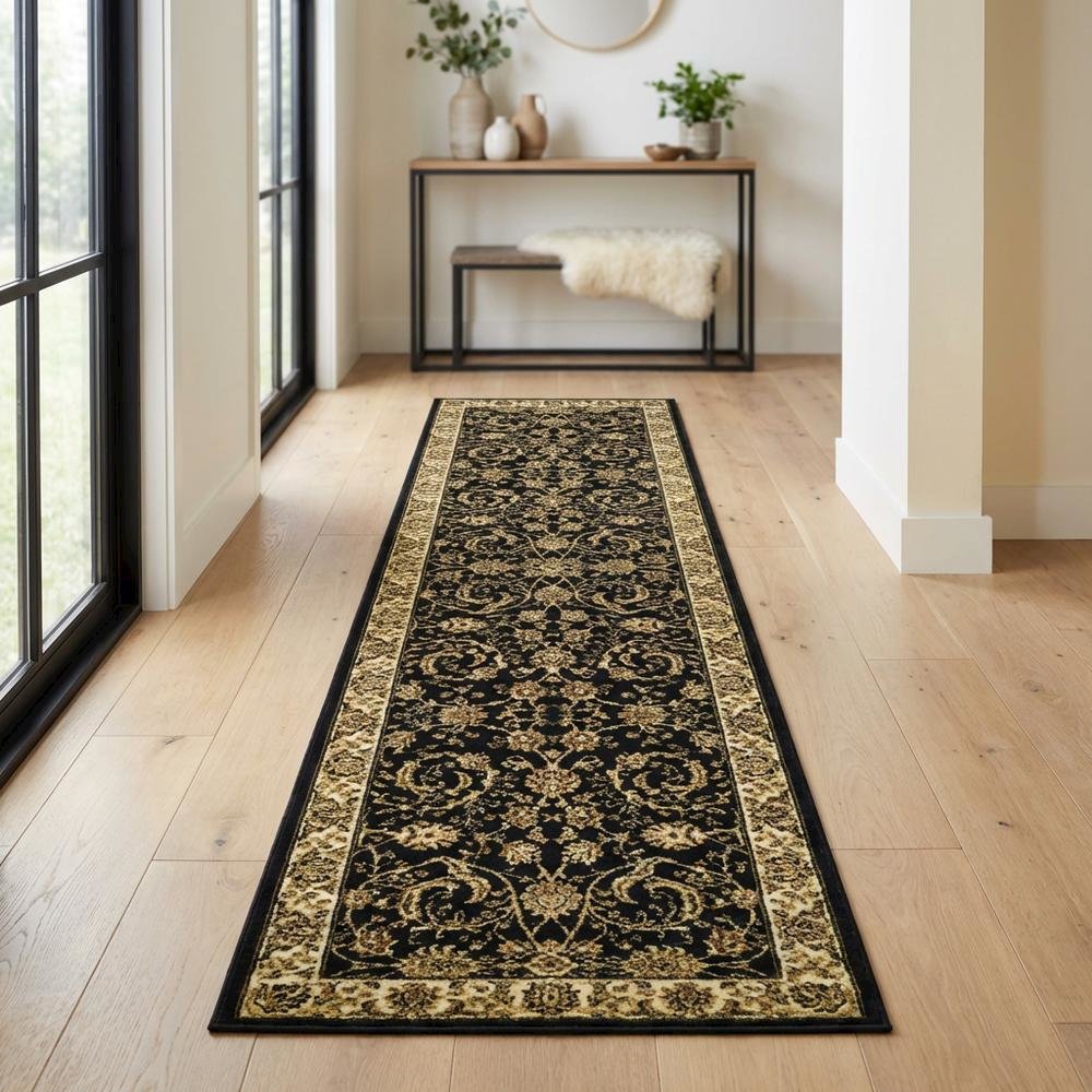 Black and Ivory Area Rug, Power-Loomed Polypropylene, Jute Backing, Runner Shape