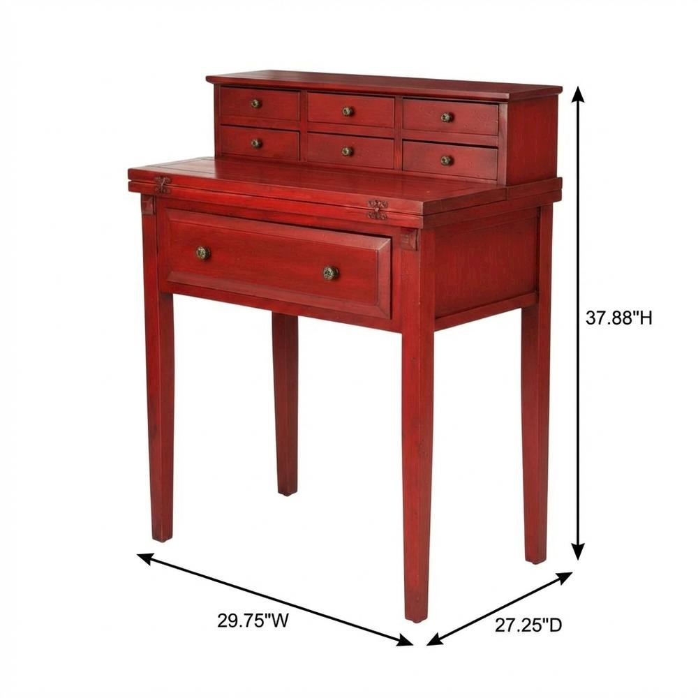 Red Pine Office Desk With 7 Drawers And Pull Shelf