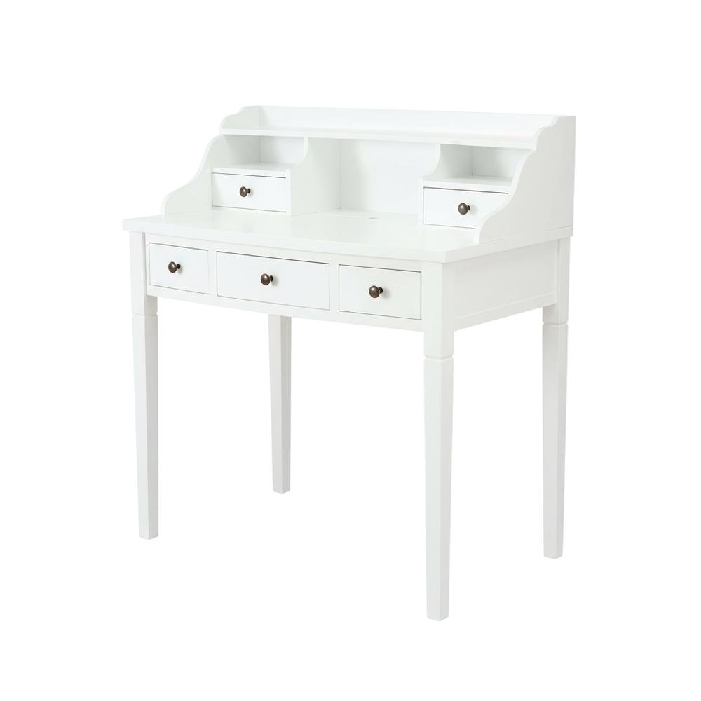 White Wooden 5-Drawer Office Desk With Shelves And Ample Storage