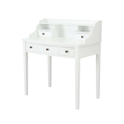 White Wooden 5-Drawer Office Desk With Shelves And Ample Storage