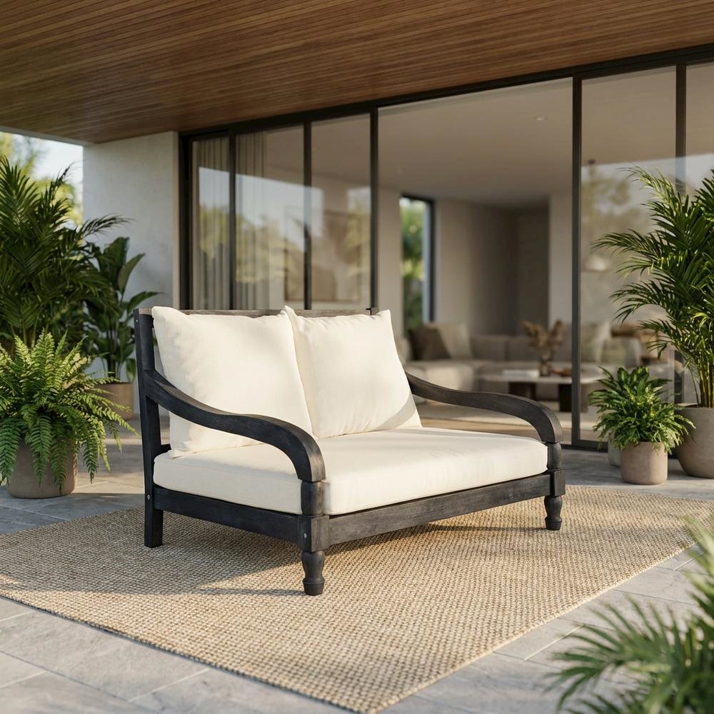 Relaxing Outdoor Lounge Chair, Dark Grey Acacia Wood, Silver Galvanized Steel