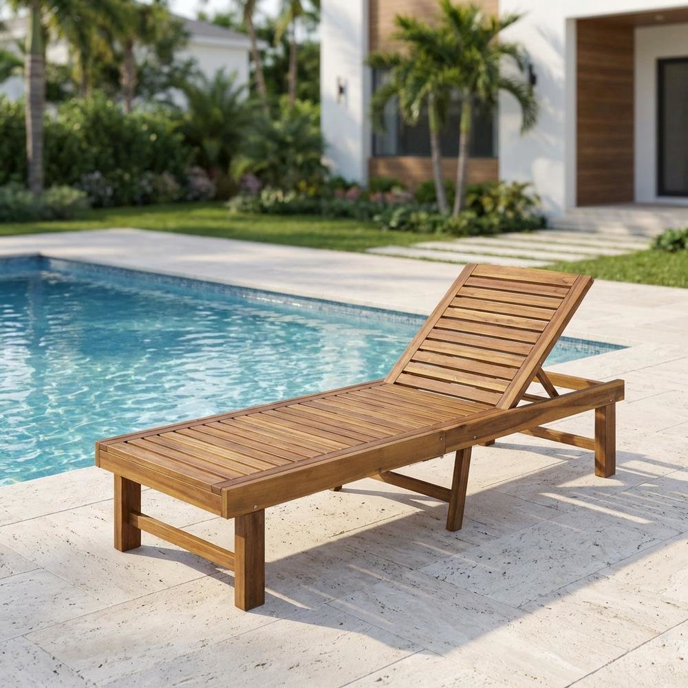 Outdoor Lounge Chair With Acacia Wood And Silver Metal Finish