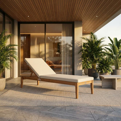 Elegant Outdoor Sun Lounger With Acacia Wood Finish, Brass Accents, And Cushion