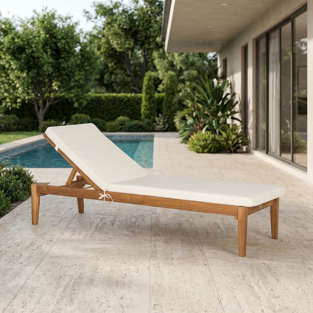 Elegant Outdoor Sun Lounger With Acacia Wood Finish, Brass Accents, And Cushion