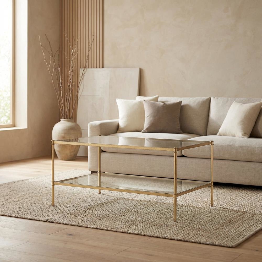 Antique Gold Metal Coffee Table with Shelf and Iron Frame