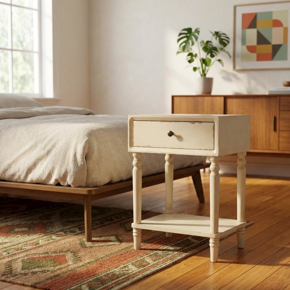 Wood nightstand with storage drawer and open shelf for bedroom decor
