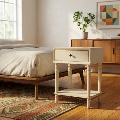 Wood nightstand with storage drawer and open shelf for bedroom decor