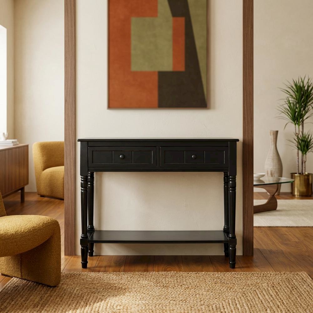 Black wooden console table with two drawers and sleek design