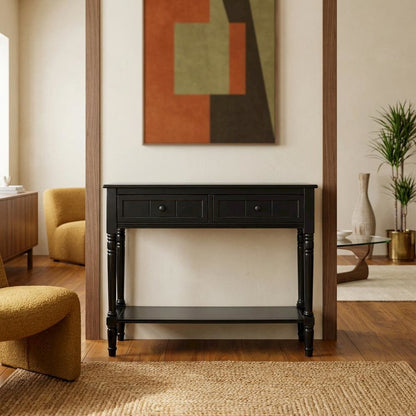 Black wooden console table with two drawers and sleek design