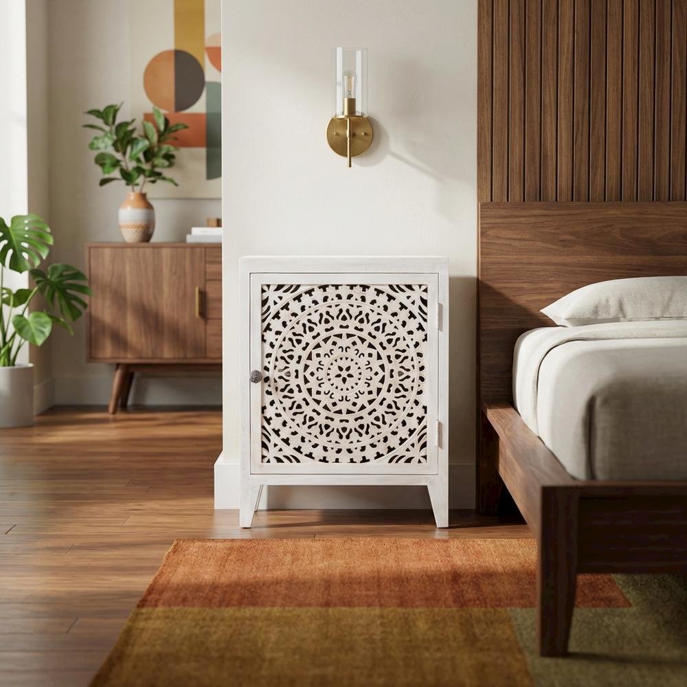White Nightstand with 2 Shelves and MDF Wood Construction