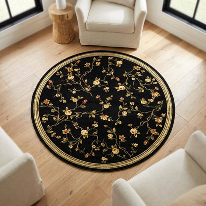 Black Round Area Rug with Polypropylene Pile and Jute Backing, Power Loomed