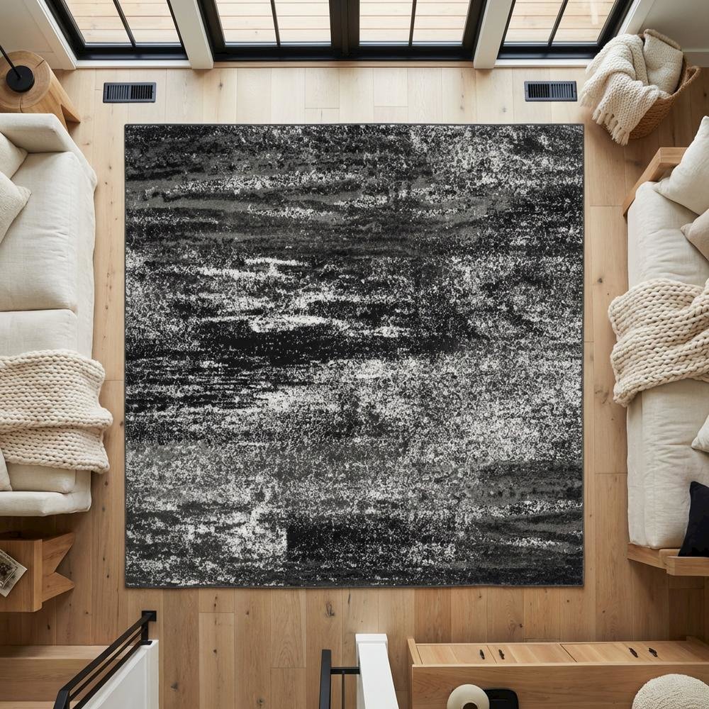 Silver / Black Area Rug with Power Loomed Polypropylene Pile, Square Shape
