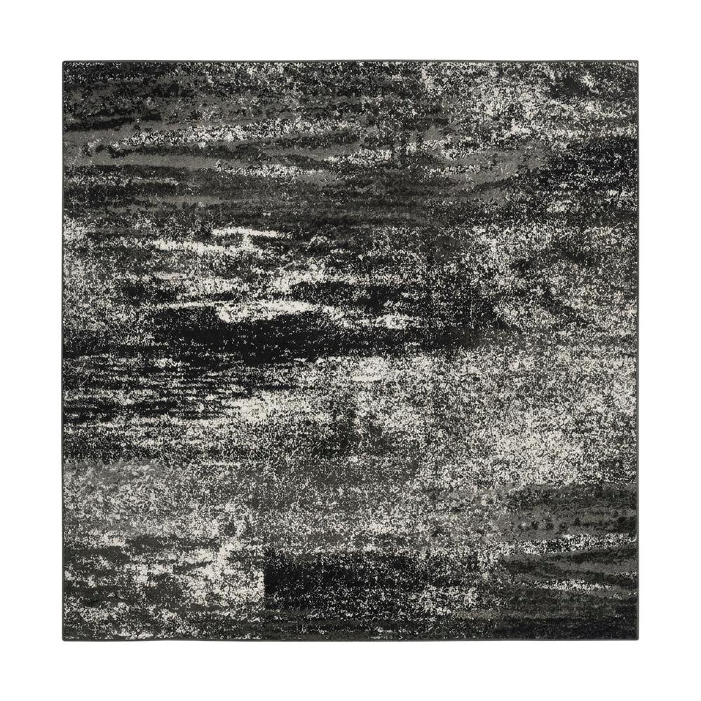 Silver / Black Area Rug with Power Loomed Polypropylene Pile, Square Shape