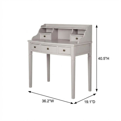 Quartz Grey Wood 5-Drawer Writing Desk With Storage Shelves And Brass Accents