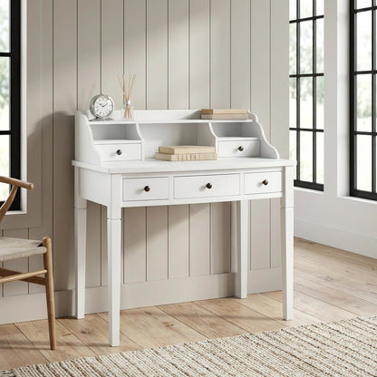 White Wooden 5-Drawer Office Desk With Shelves And Ample Storage