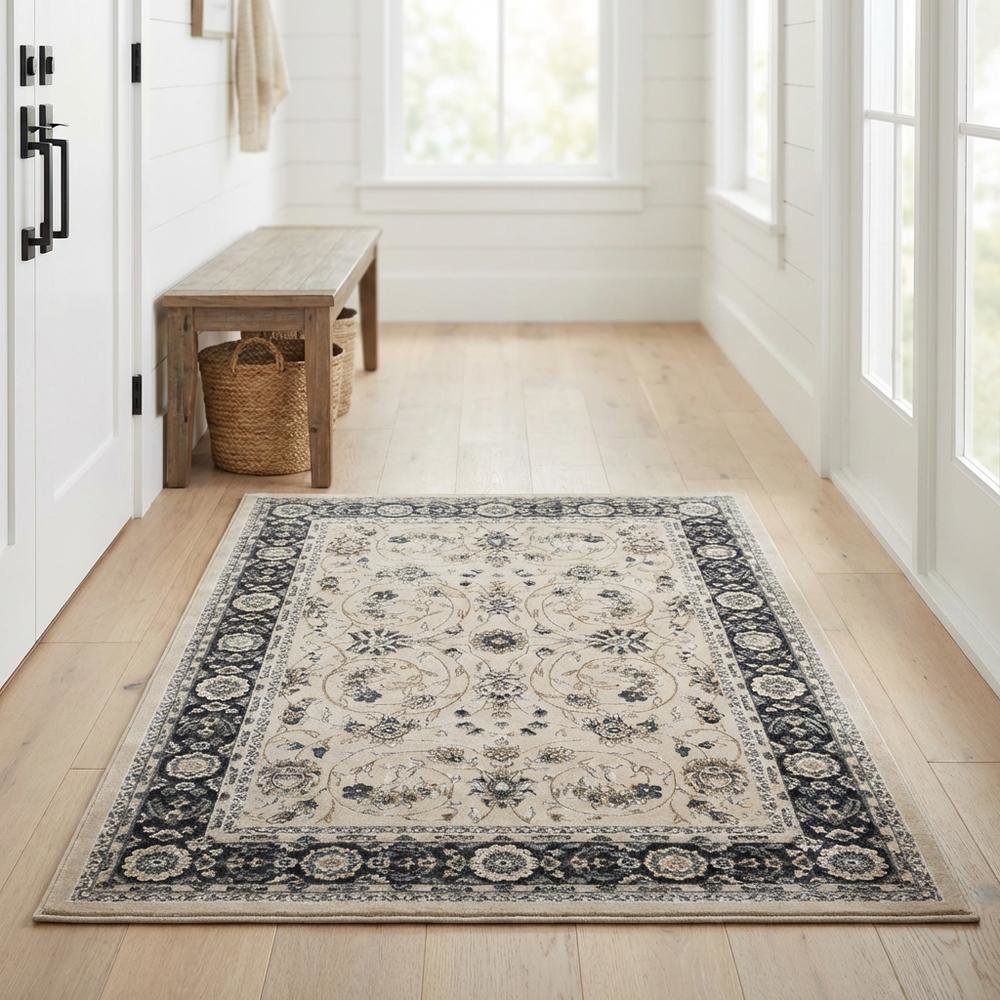 Light Beige and Anthracite Area Rug with Power Loomed Polypropylene