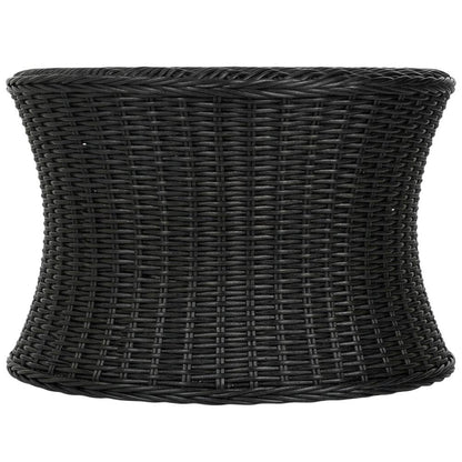 Black Rattan Round Coffee Table Ottoman with Mango Wood Top
