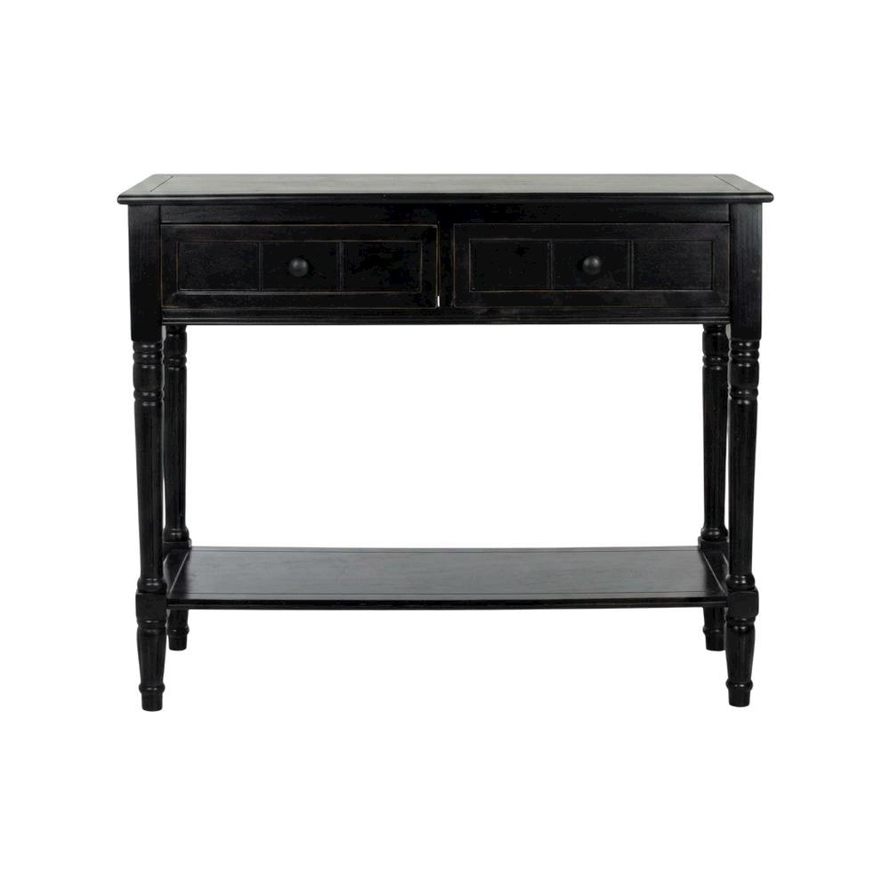 Black wooden console table with two drawers and sleek design