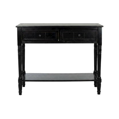 Black wooden console table with two drawers and sleek design